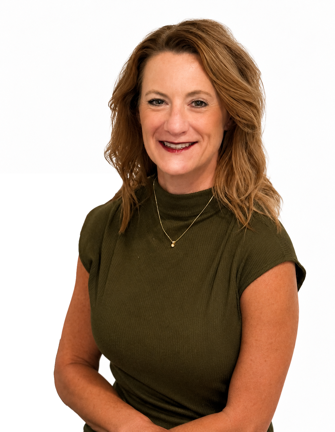 LRP's bookkeeper smiling in an olive green top.